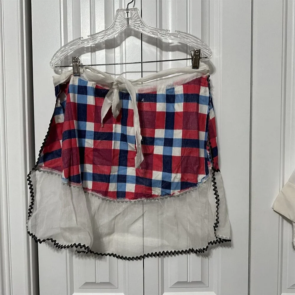 Vintage Apron Plaid Red Blue Buffalo Sheer Ruffle Trim